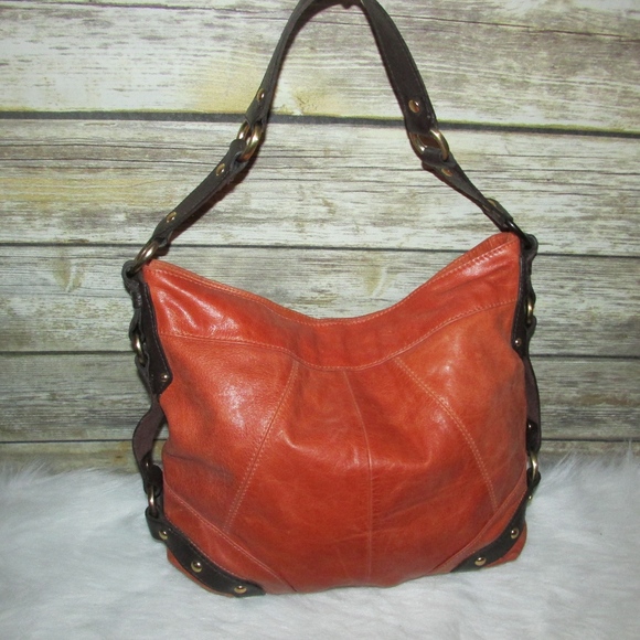 Tasche Orange Distressed Leather Brown Stud Hobo - Picture 4 of 8